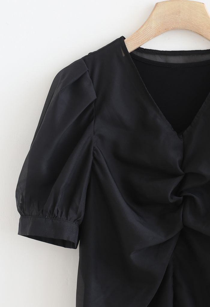 V-Neck Ruched Organza Twinset Top in Black