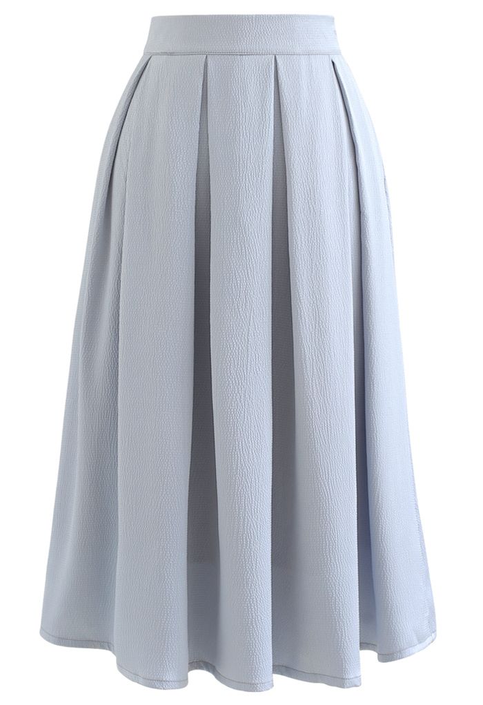 Polished Textured Pleated Midi Skirt in Dusty Blue