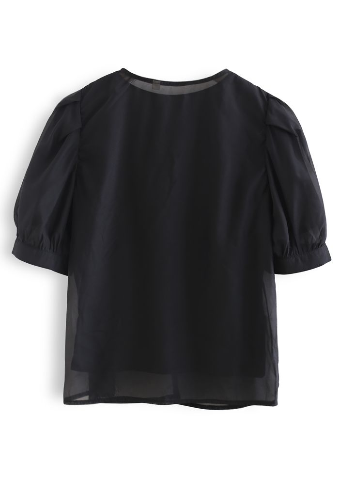 V-Neck Ruched Organza Twinset Top in Black