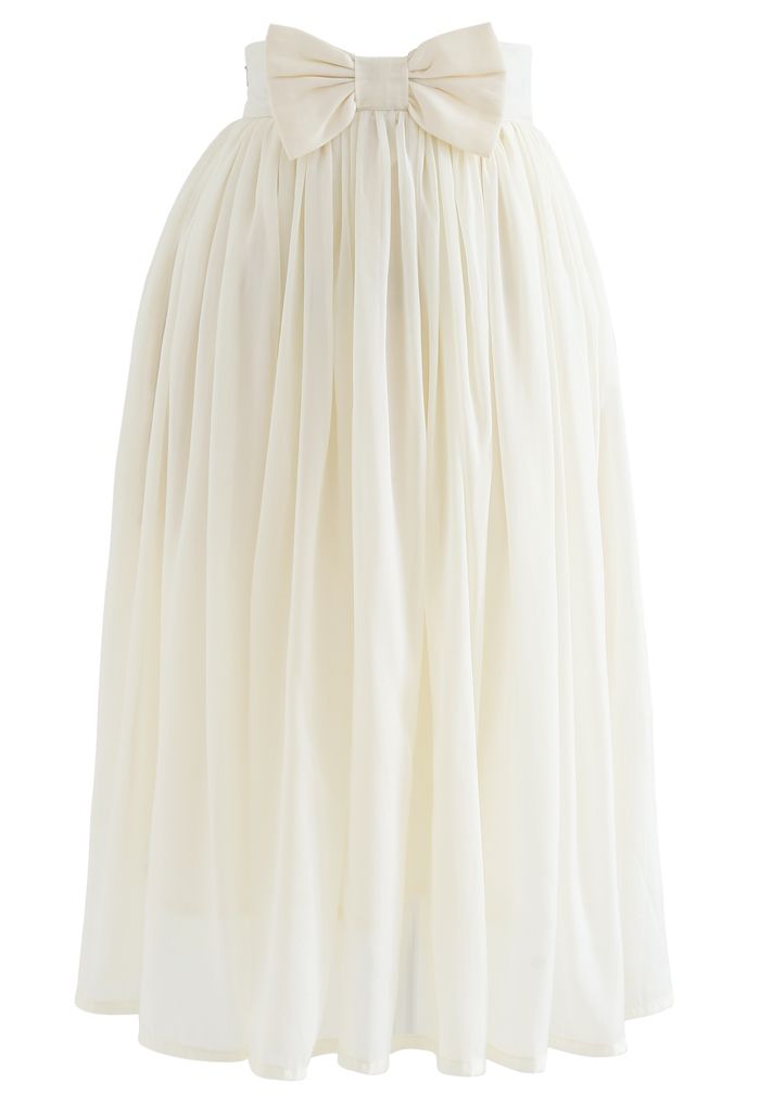 Bowknot Waist Chiffon Pleated Midi Skirt in Ivory