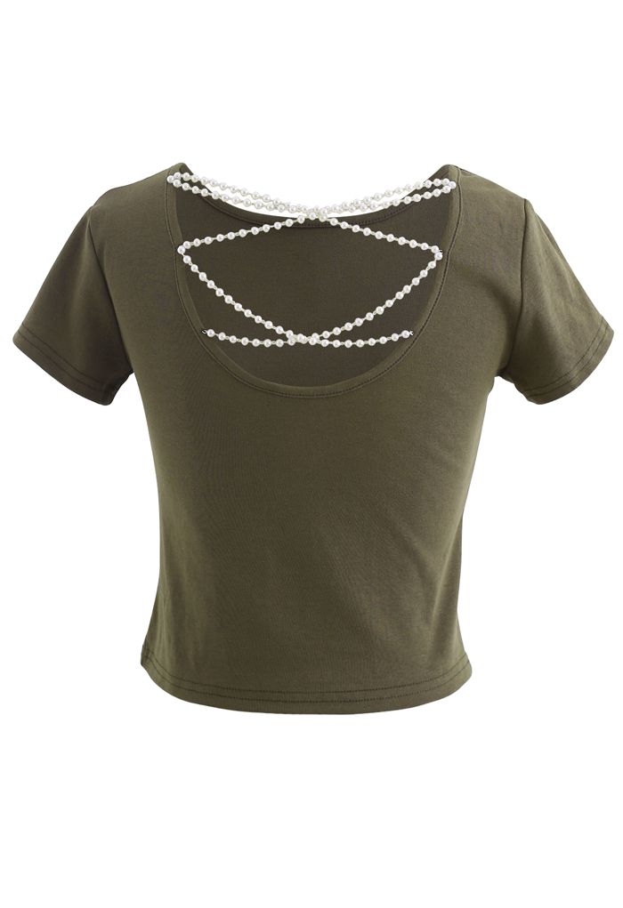 Crisscross Pearl Chain Crop T-Shirt in Olive