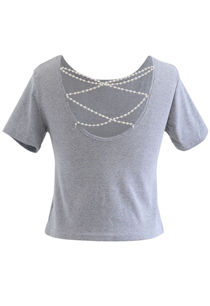 Crisscross Pearl Chain Crop T-Shirt in Grey