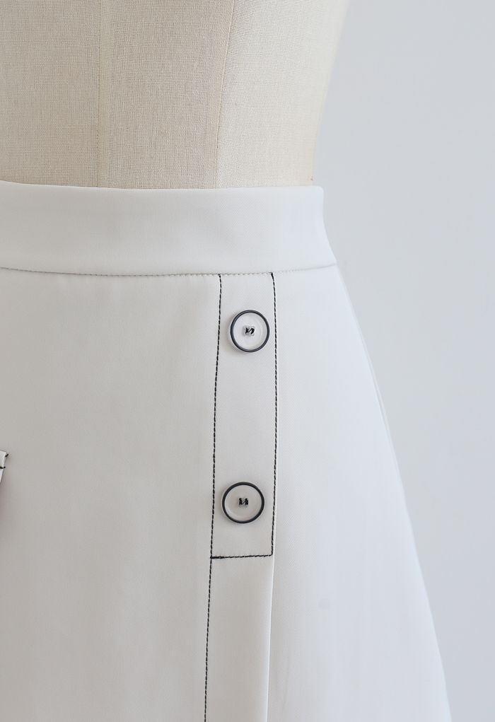 Contrast Line Buttoned Flap Mini Skirt in Ivory