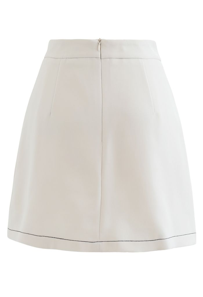 Contrast Line Buttoned Flap Mini Skirt in Ivory
