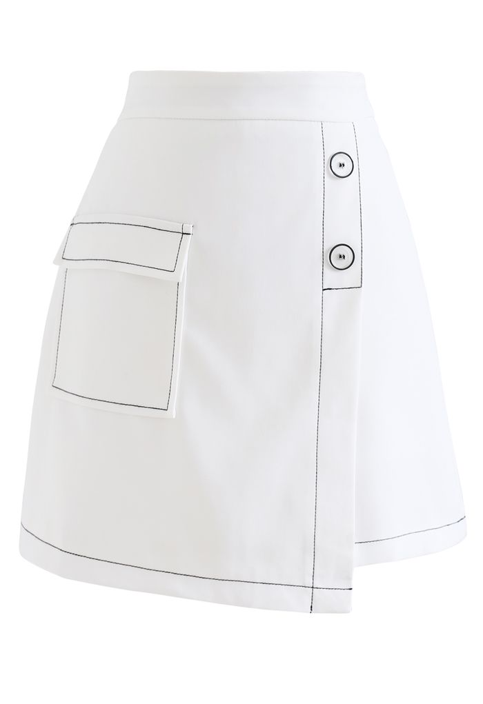 Contrast Line Buttoned Flap Mini Skirt in White