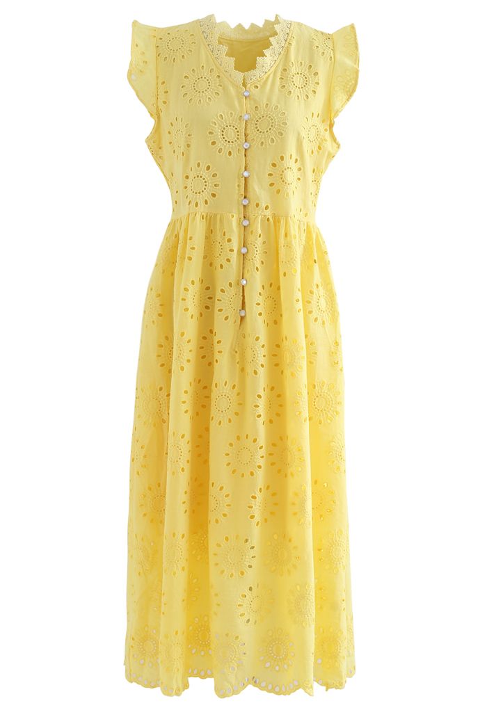 Allover Eyelet Embroidery Buttoned Sleeveless Dress in Yellow