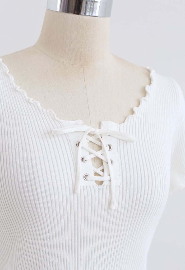 lettuce Edge Lace-Up Crop Knit Top in White