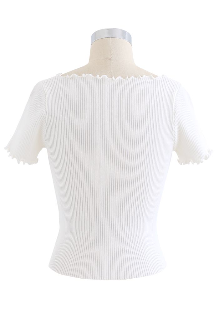 lettuce Edge Lace-Up Crop Knit Top in White