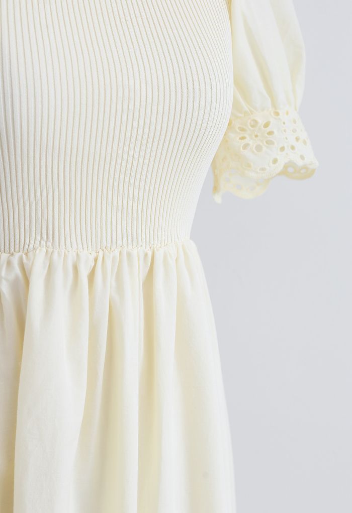 Embroidered Eyelet Short-Sleeve Knit Dress in Light Yellow