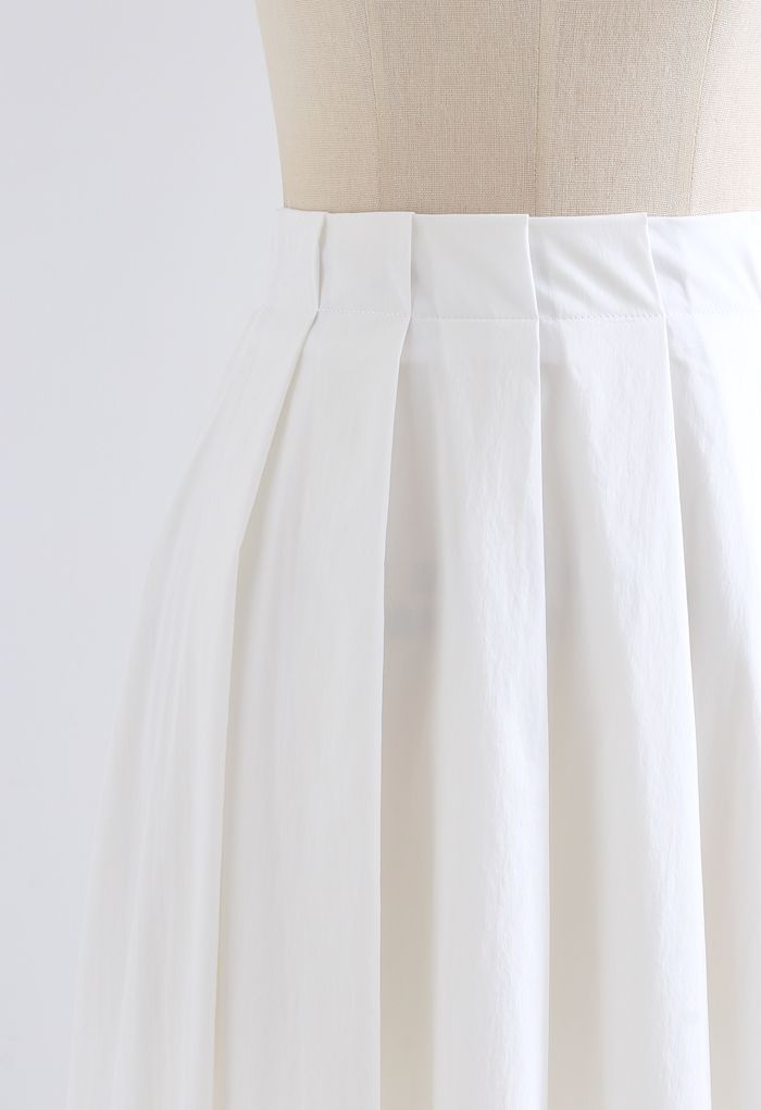Cotton A-Line Pleated Midi Skirt in White