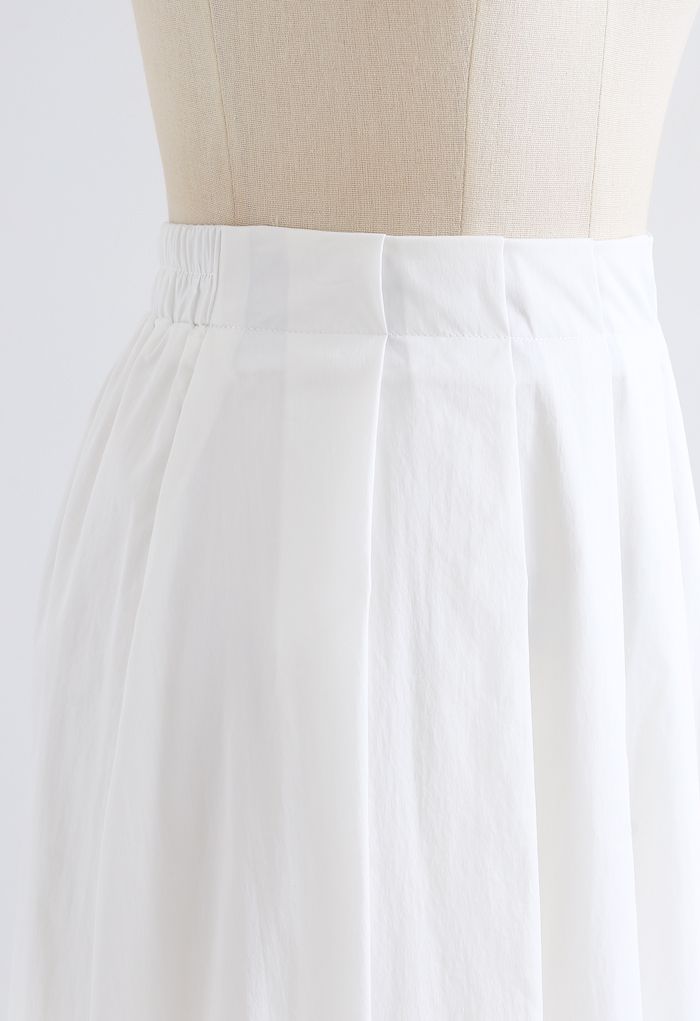 Cotton A-Line Pleated Midi Skirt in White
