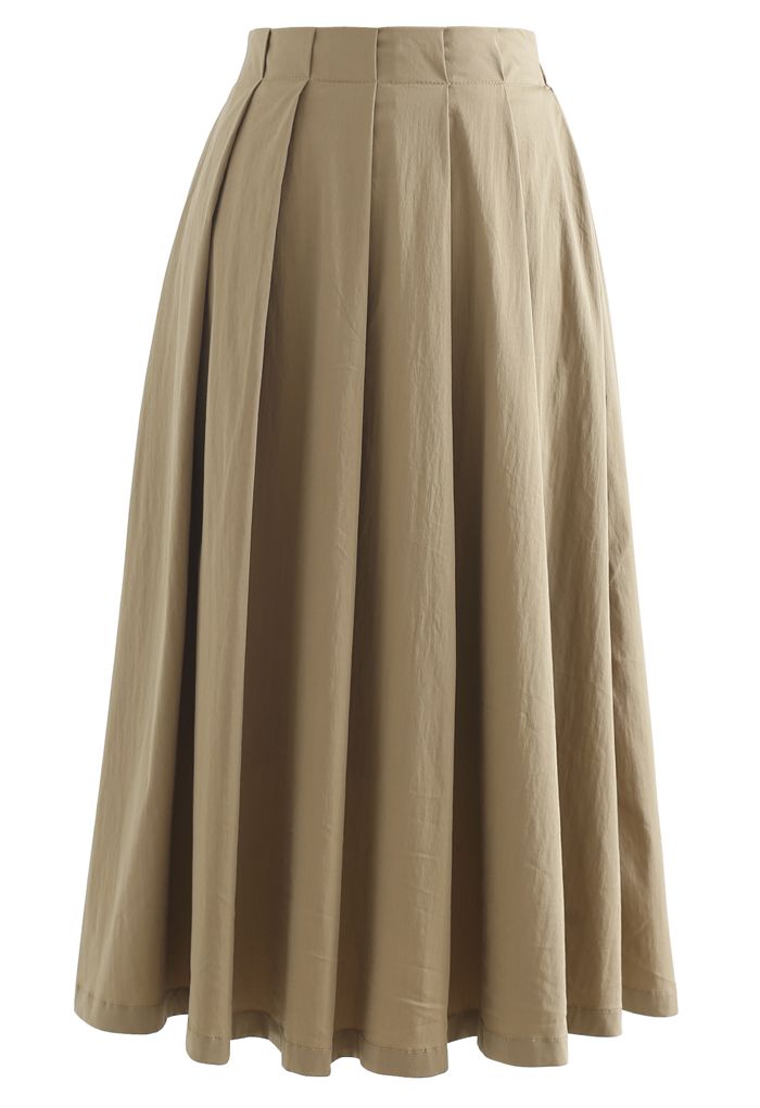 Cotton A-Line Pleated Midi Skirt in Khaki