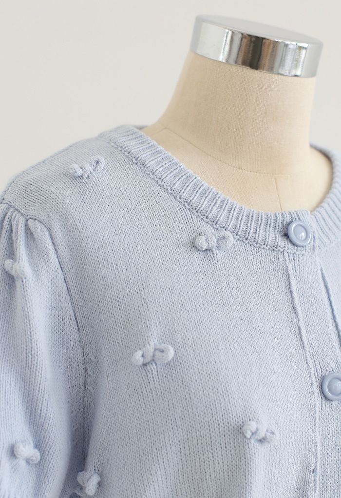 Sweet Knot Short Sleeve Buttoned Knit Cardigan in Baby Blue