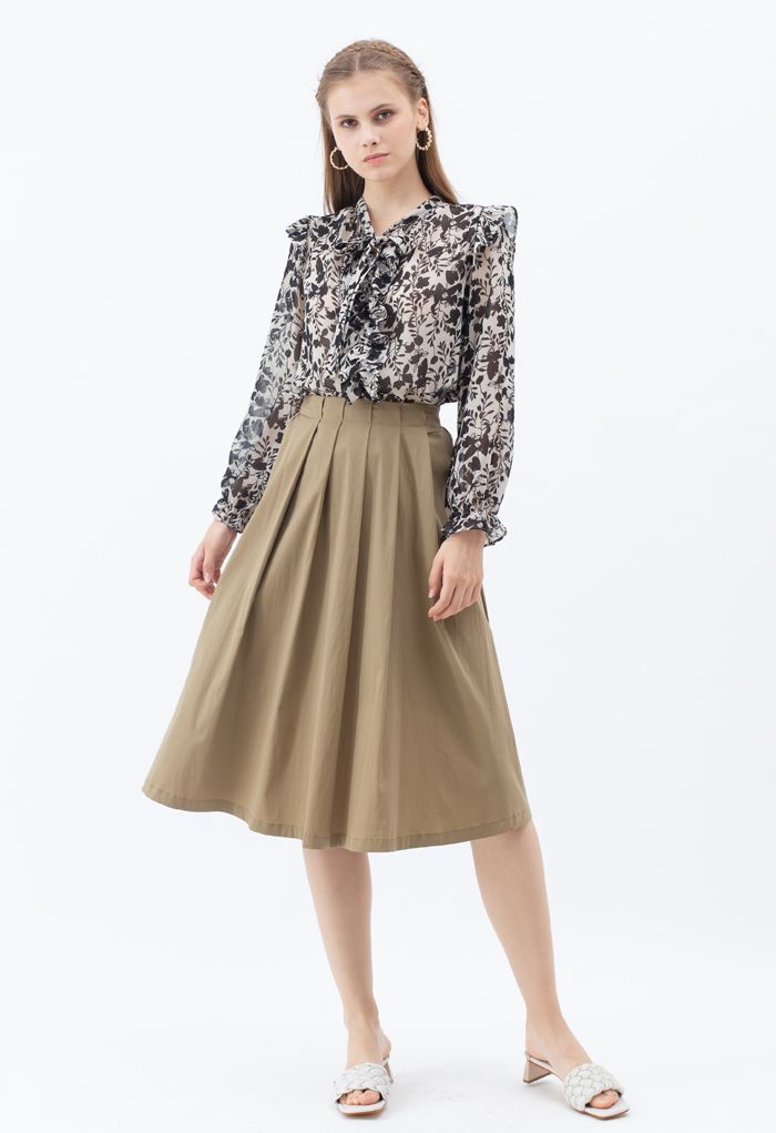 Cotton A-Line Pleated Midi Skirt in Khaki