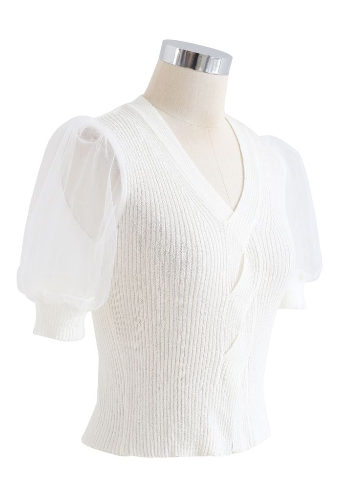 Meshed Short Sleeves Cropped Knit Top in White