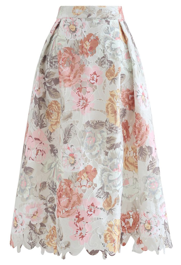 Blooming Rose Printed Full Crochet Midi Skirt
