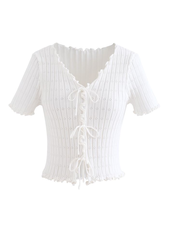 Lace-Up Lettuce Edge Crop Knit Top in White