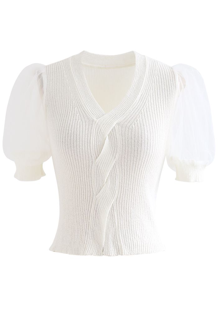 Meshed Short Sleeves Cropped Knit Top in White
