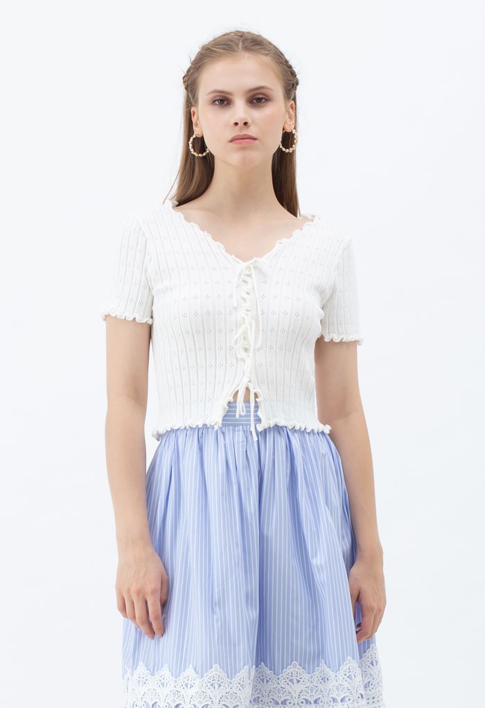 Lace-Up Lettuce Edge Crop Knit Top in White