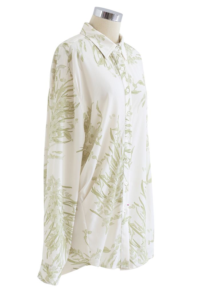 Dainty Floral Print Longline Shirt in Moss Green