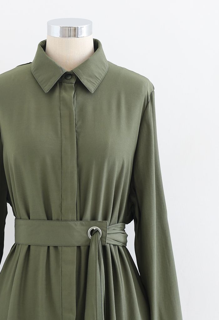 Refined Sash Button Down Shirt Dress in Army Green