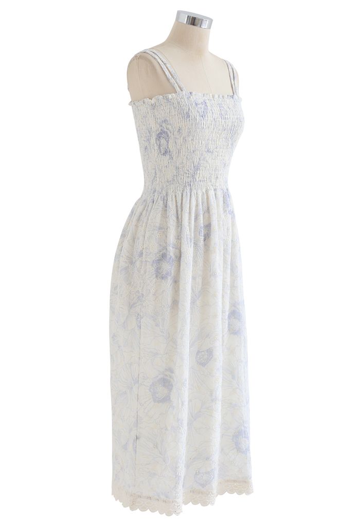 Petal Embroidered Shirred Bust Cami Dress in Blue