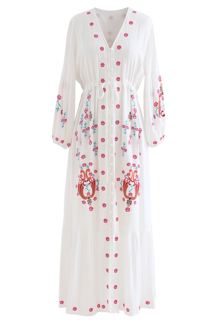 Button Down Embroidered Boho Maxi Dress