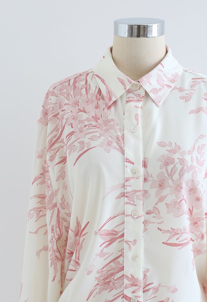 Dainty Floral Print Longline Shirt in Pink