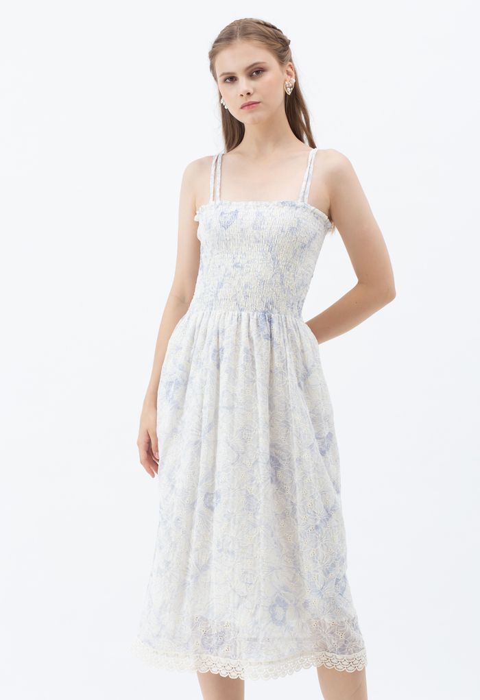 Petal Embroidered Shirred Bust Cami Dress in Blue