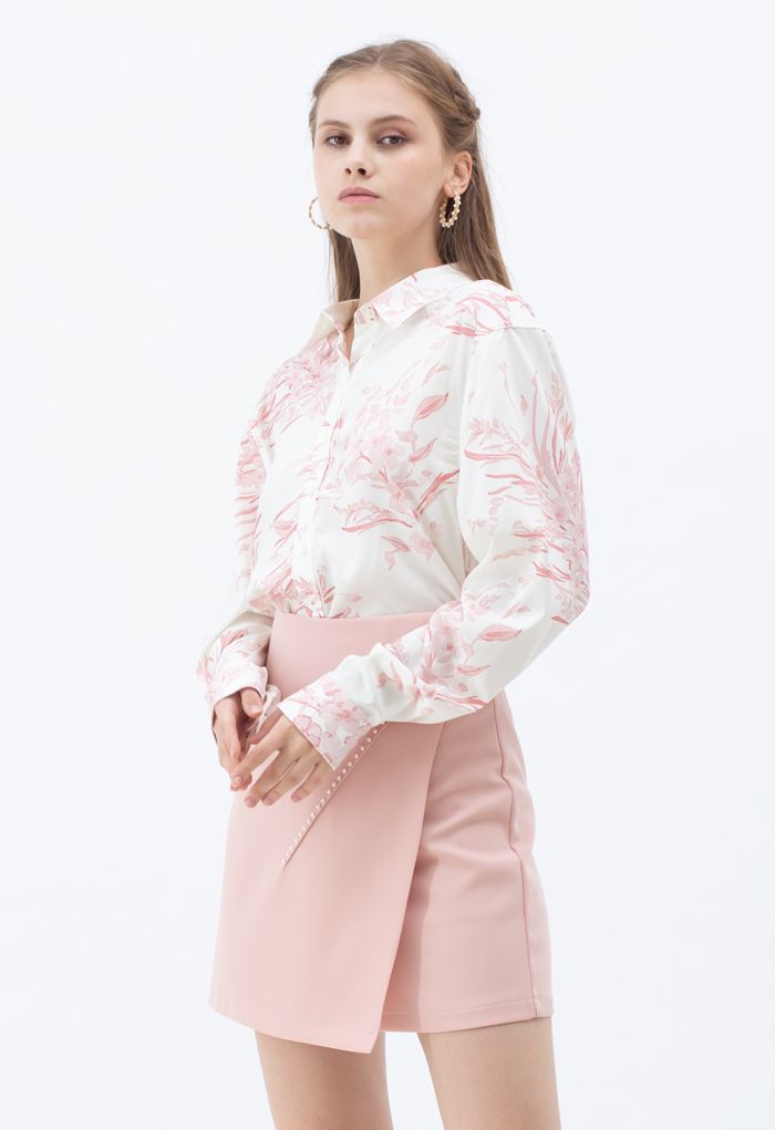 Dainty Floral Print Longline Shirt in Pink