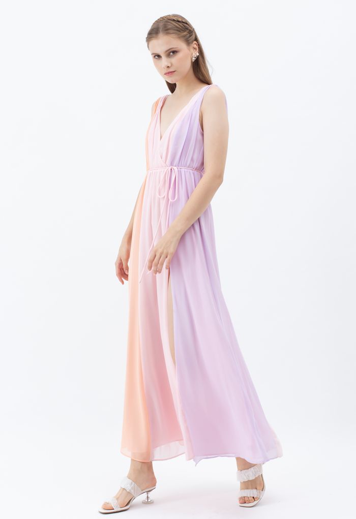Pastel Color Block Deep V-Neck Chiffon Maxi Dress