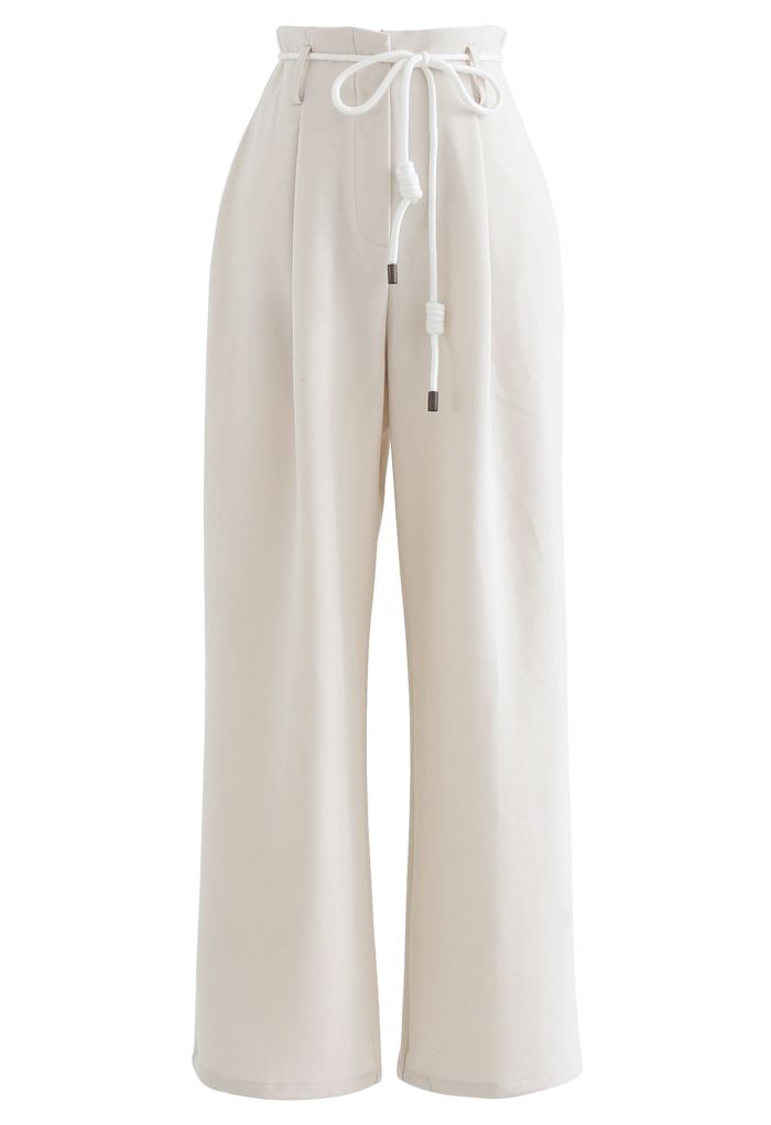 Tie Waist Straight-Leg Pleated Pants in Ivory