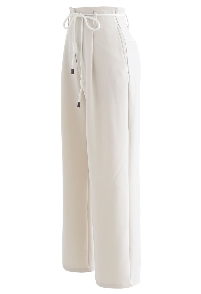 Tie Waist Straight-Leg Pleated Pants in Ivory
