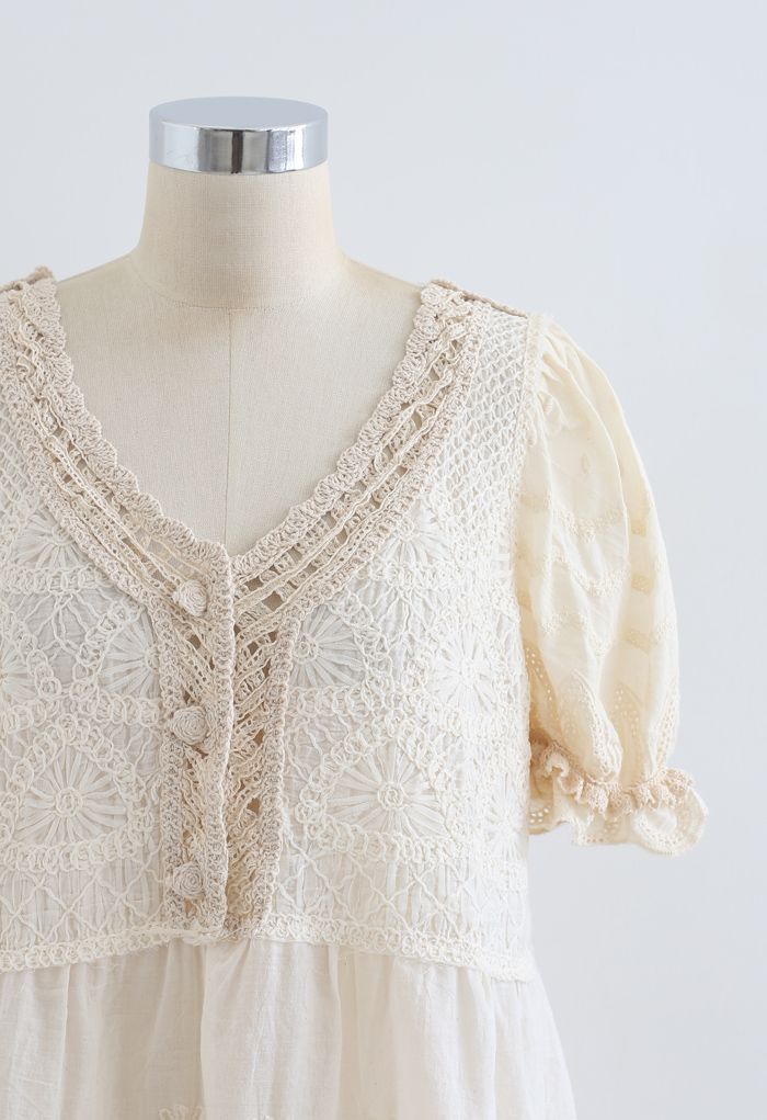 Short Sleeve Crochet Panelled Embroidered Top
