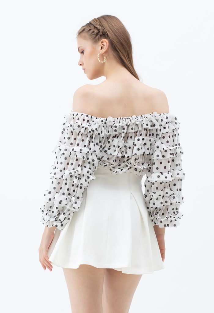 Polka Dots Off-Shoulder Ruffled Crop Top in White