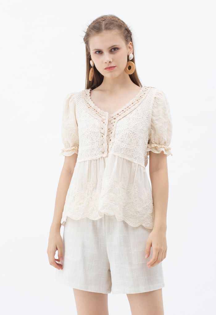 Short Sleeve Crochet Panelled Embroidered Top