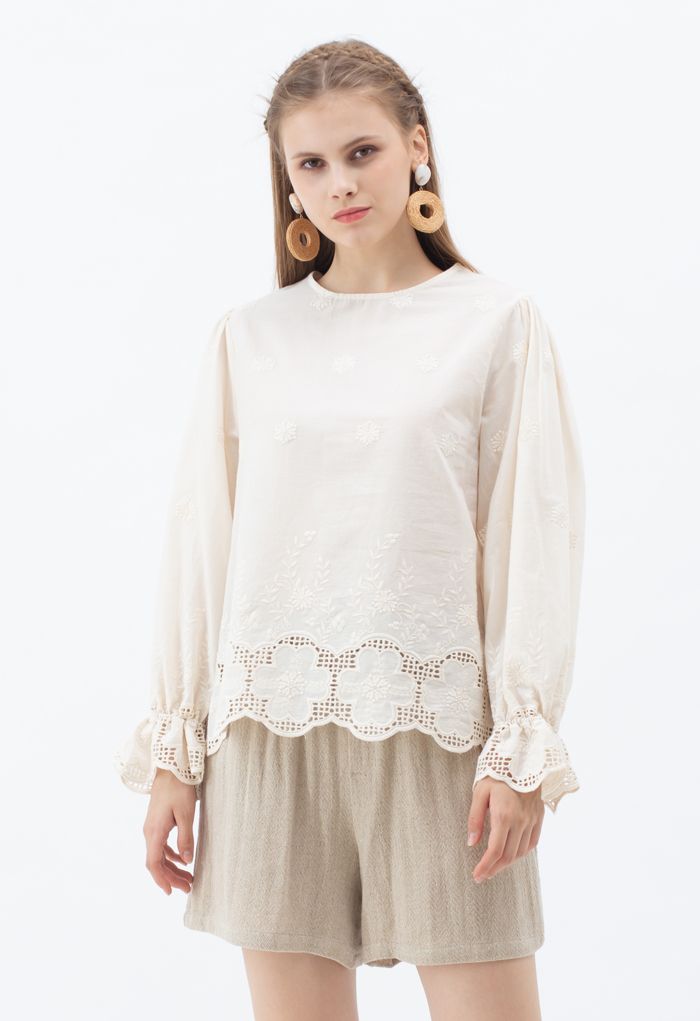 Puff Sleeves Embroidered Flower Cotton Shirt
