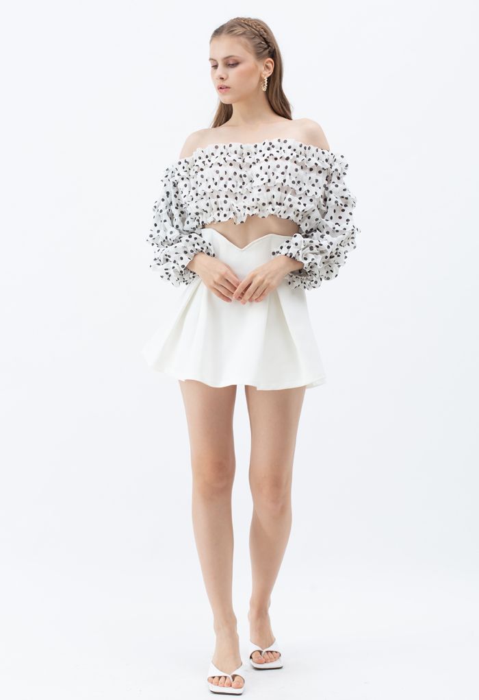 Polka Dots Off-Shoulder Ruffled Crop Top in White