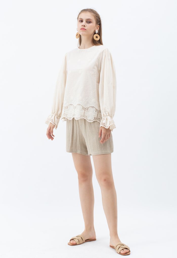 Puff Sleeves Embroidered Flower Cotton Shirt