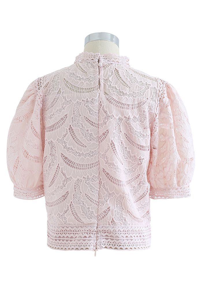 Leaves Shadow Embroidered Crochet Top in Pink