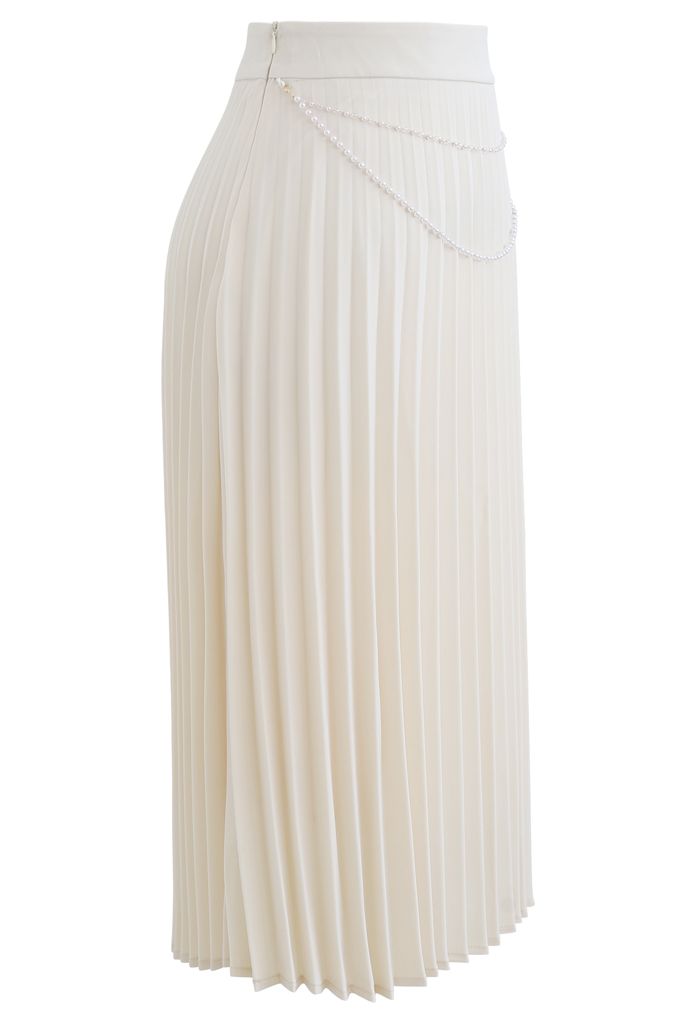 Draped Chain Pleated Midi Skirt in Cream