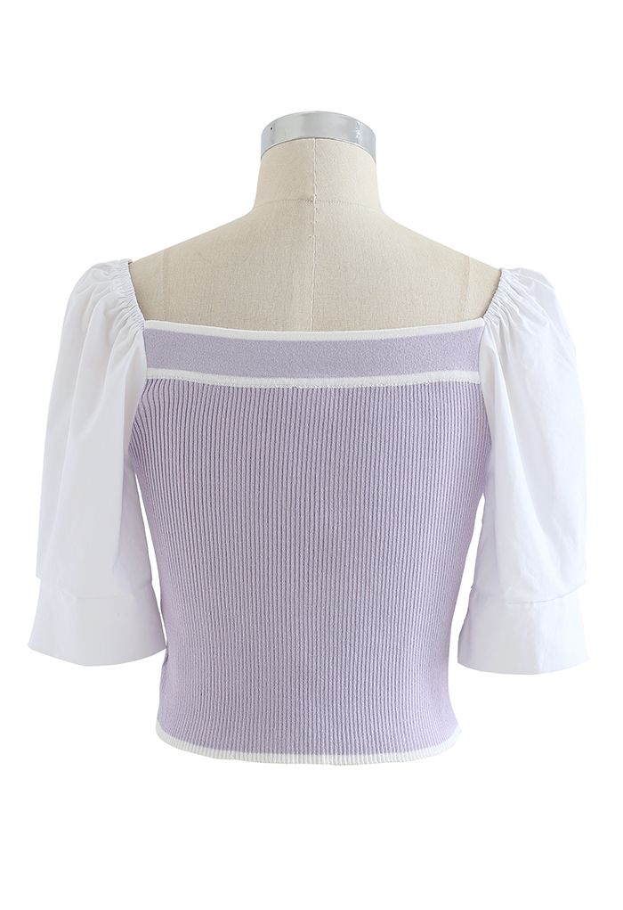 Puff Short Sleeves Buttoned Crop Knit Top in Lilac