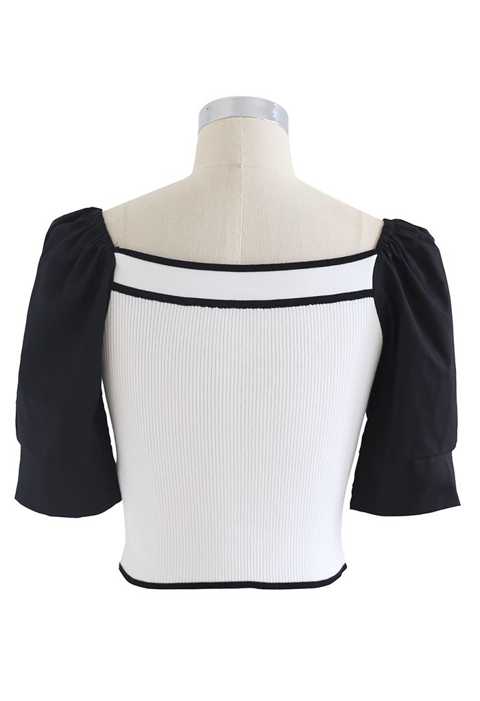 Puff Short Sleeves Buttoned Crop Knit Top in White