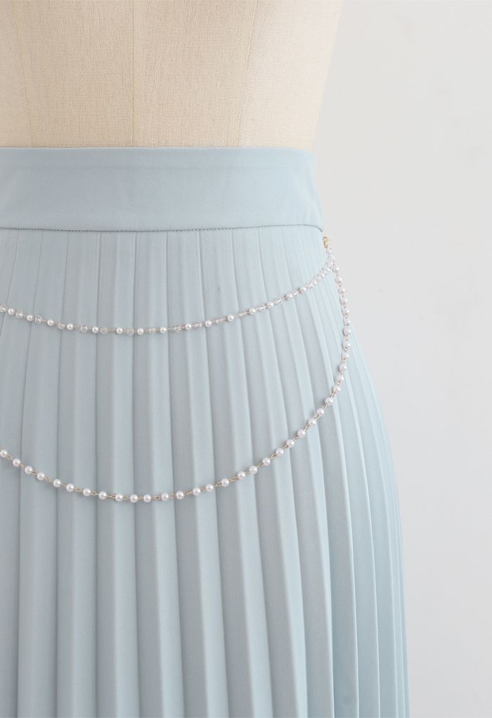 Draped Chain Pleated Midi Skirt in Dusty Blue