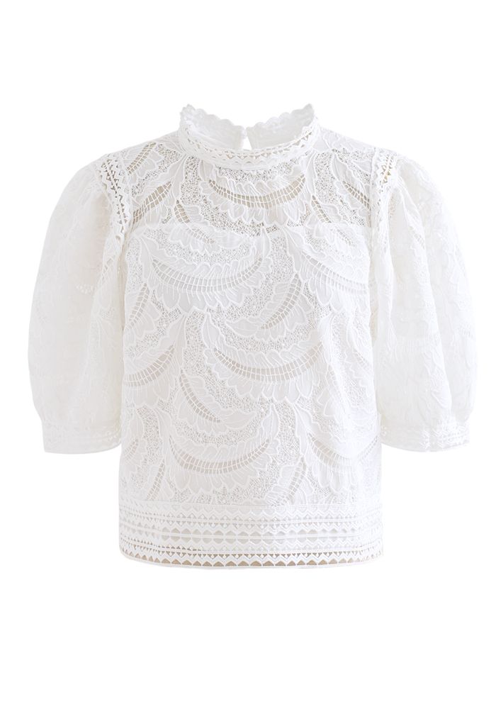 Leaves Shadow Embroidered Crochet Top in White