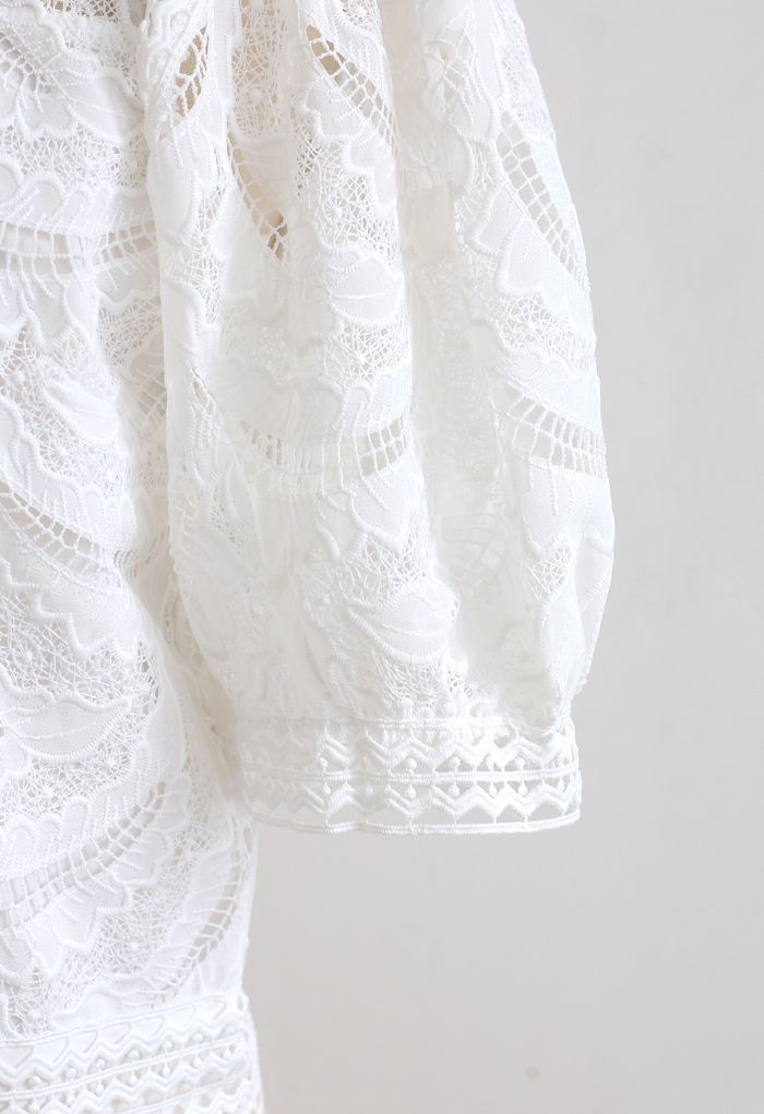 Leaves Shadow Embroidered Crochet Top in White