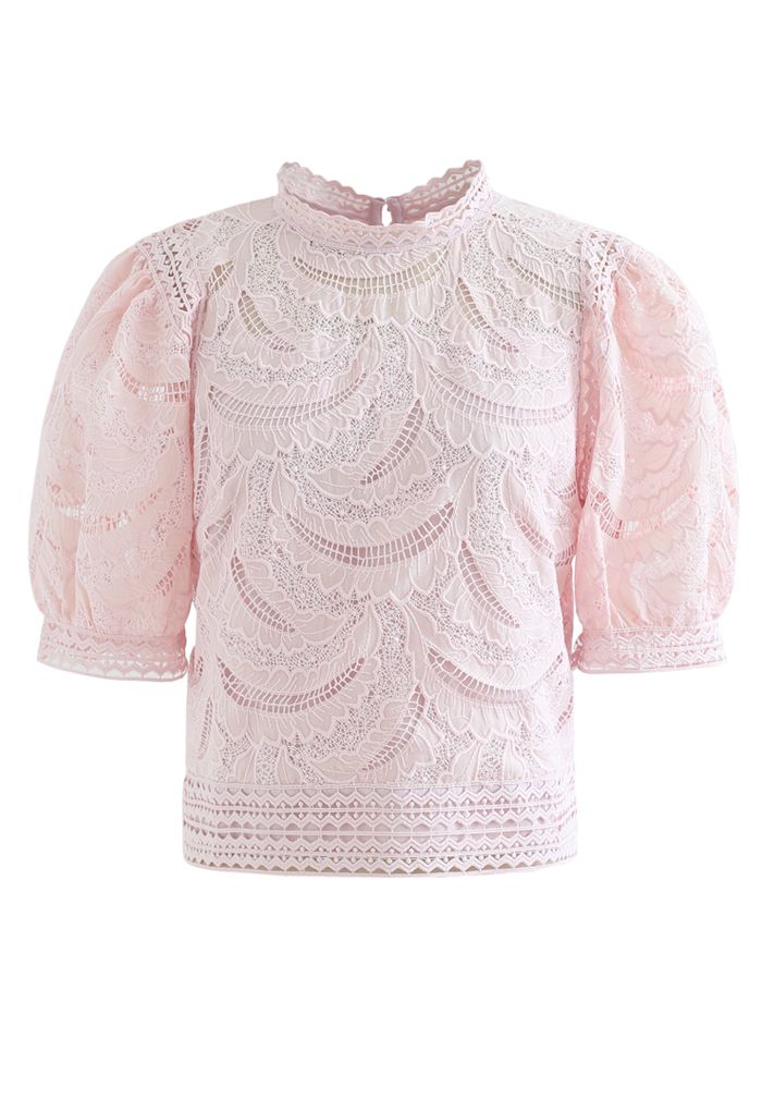 Leaves Shadow Embroidered Crochet Top in Pink