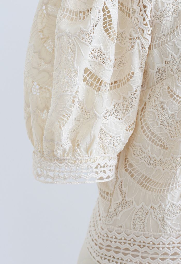 Leaves Shadow Embroidered Crochet Top in Cream
