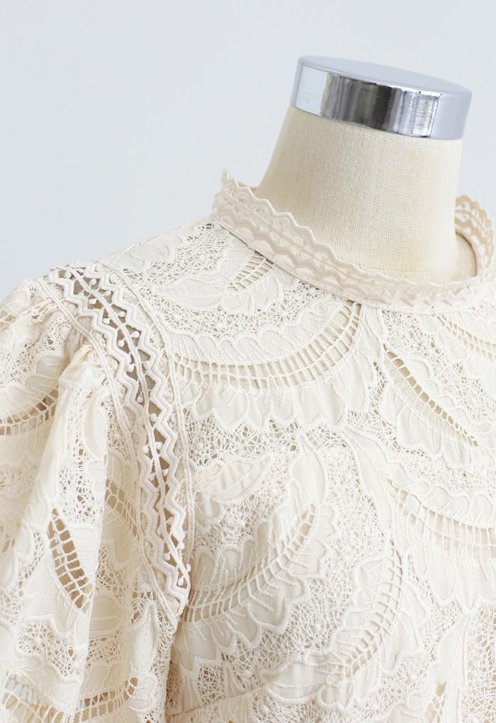 Leaves Shadow Embroidered Crochet Top in Cream