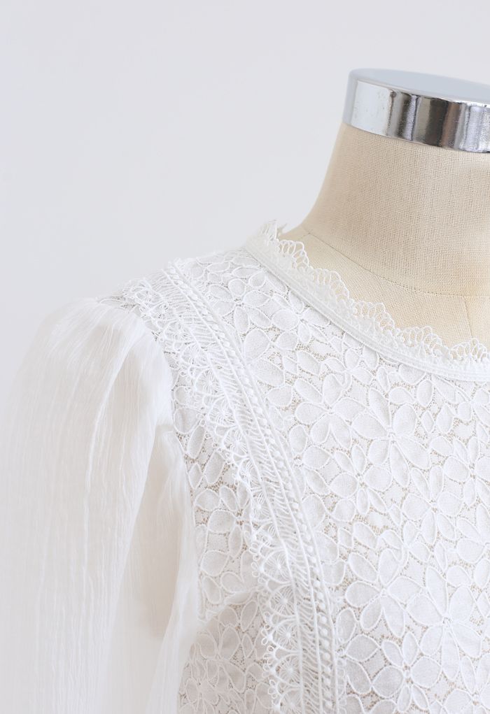 Blooming Sheer Sleeve Lace Top in White